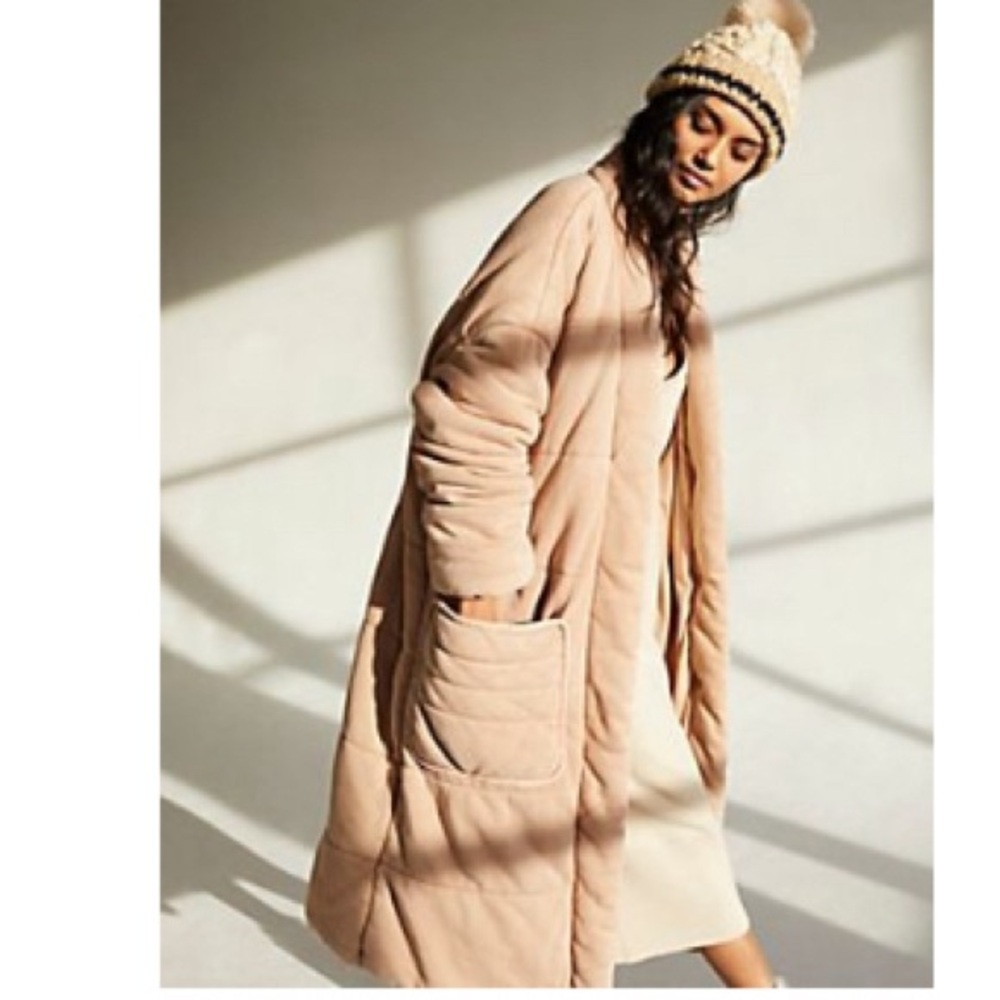 Free People Quilted Long Puffer Coat in Blush